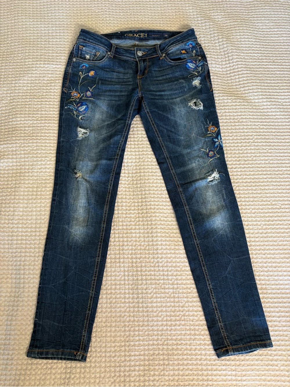 Grace Embroidered Skinny Jeans in Dark Blue with Floral Accents